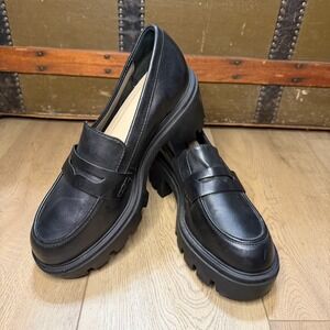 Schutz Leather Lug Loafers Black Viola Tractor 9.5B Y2K Academia Chunky Platform